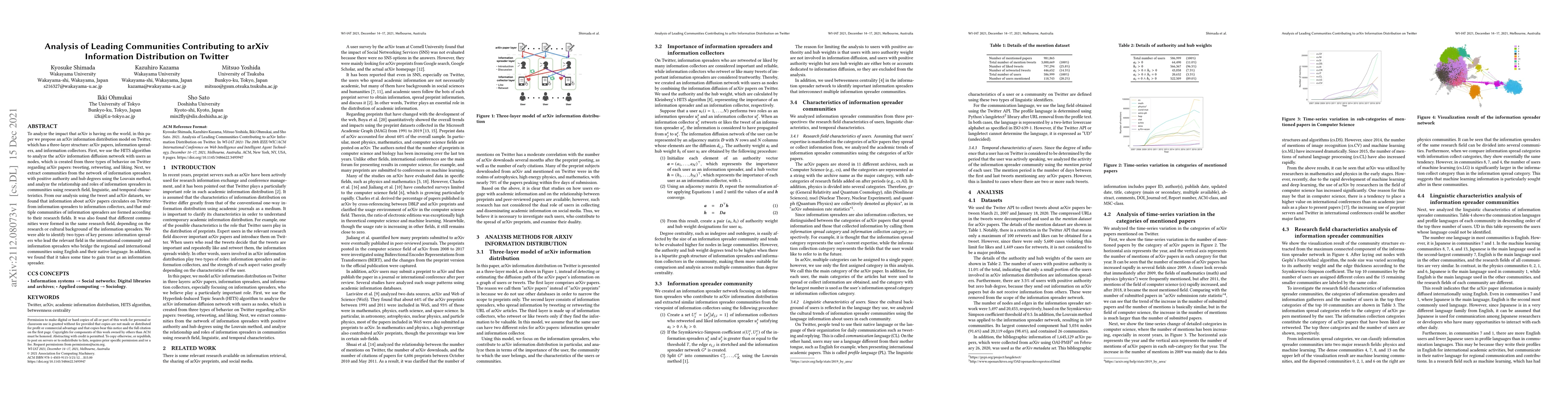 Thumbnail for Analysis of Leading Communities Contributing to arXiv Information
  Distribution on Twitter