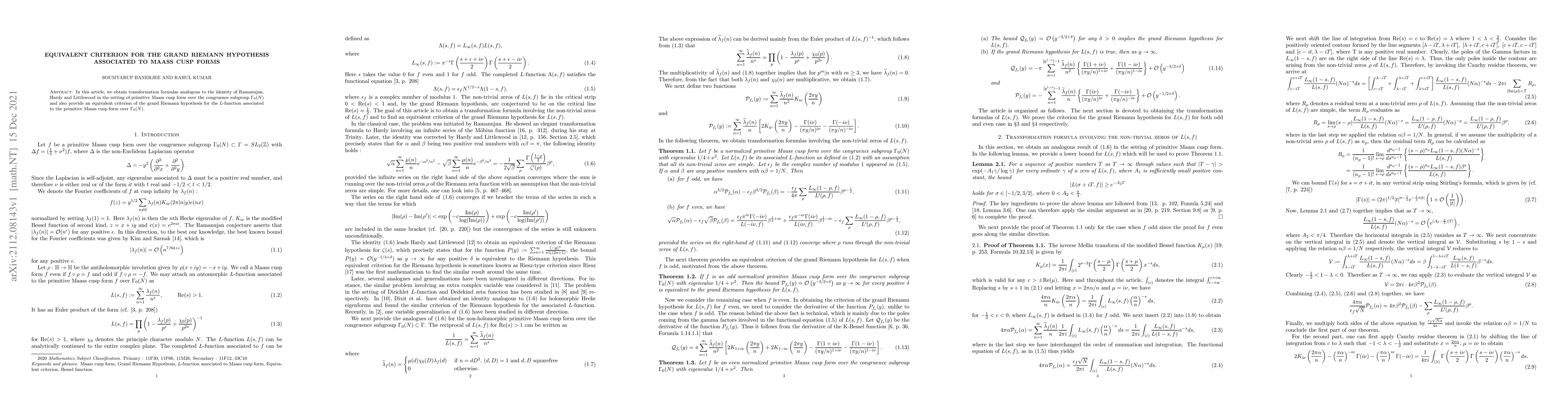 Thumbnail for Equivalent criterion for the grand Riemann hypothesis associated to
  Maass cusp forms