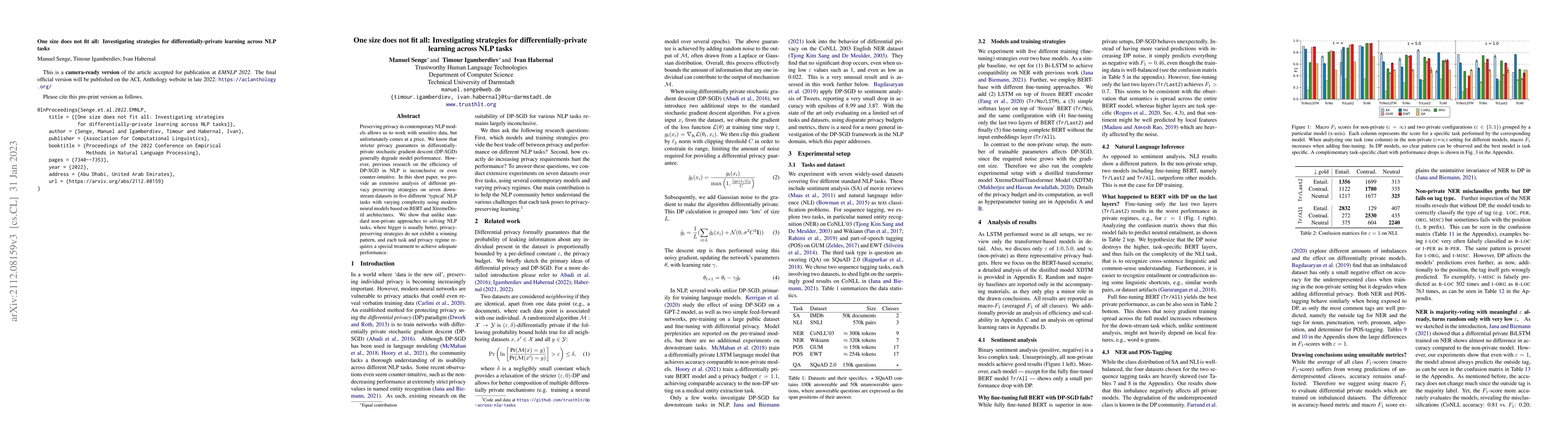 Thumbnail for One size does not fit all: Investigating strategies for
  differentially-private learning across NLP tasks