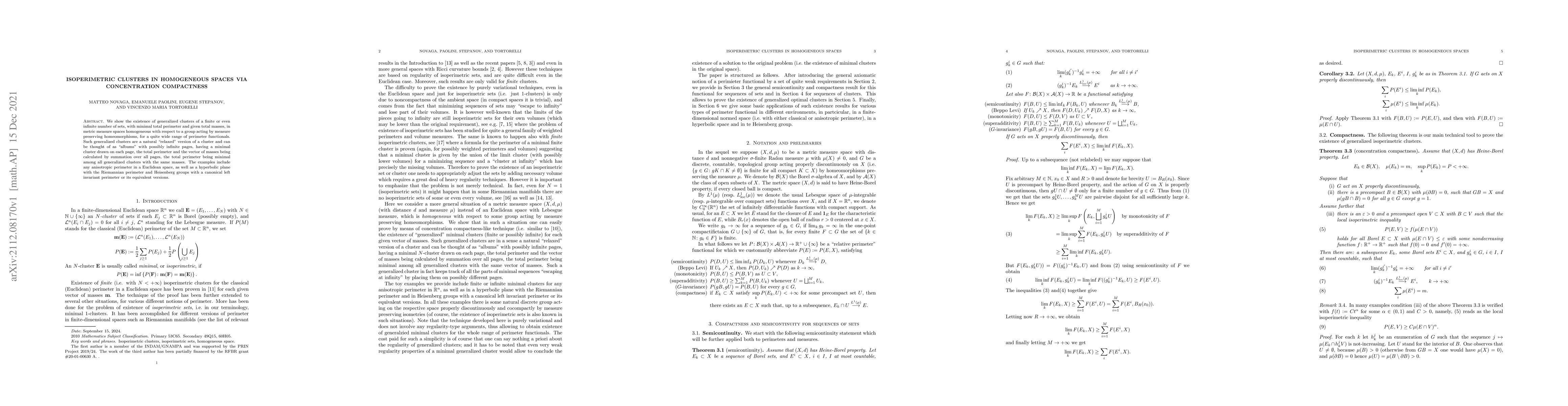 Thumbnail for Isoperimetric clusters in homogeneous spaces via concentration
  compactness