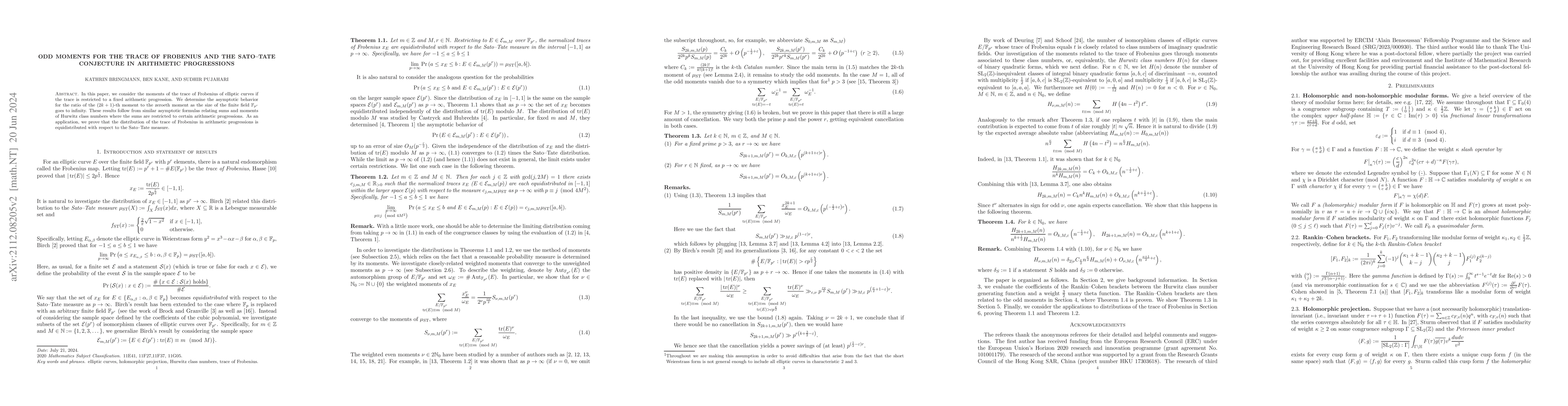 Thumbnail for Odd moments for the trace of Frobenius and the Sato--Tate conjecture in
  arithmetic progressions