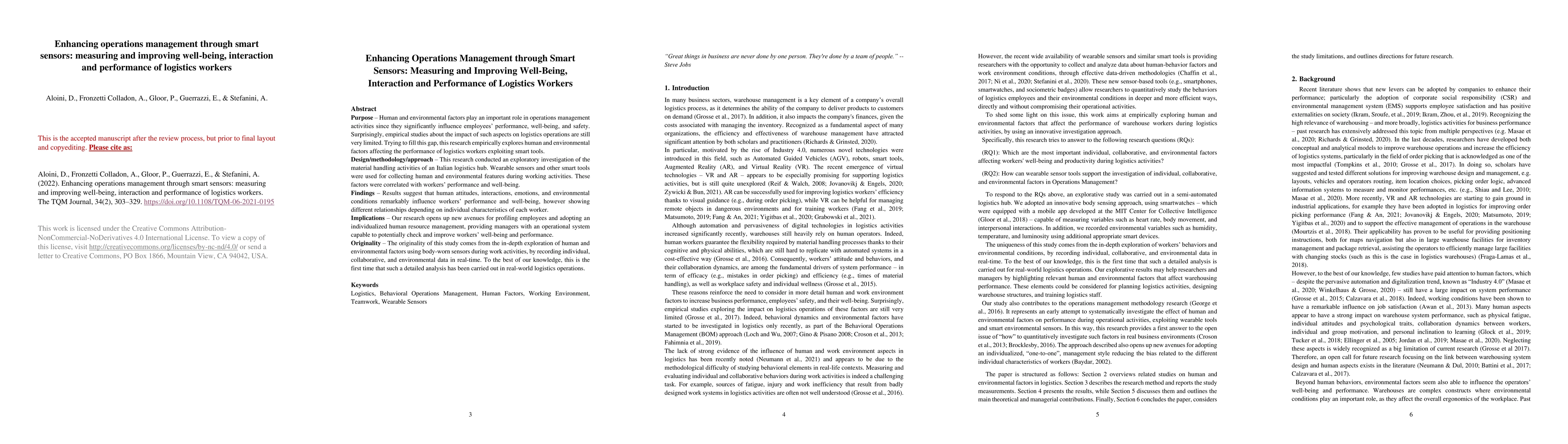 Thumbnail for Enhancing operations management through smart sensors: measuring and
  improving well-being, interaction and performance of logistics workers