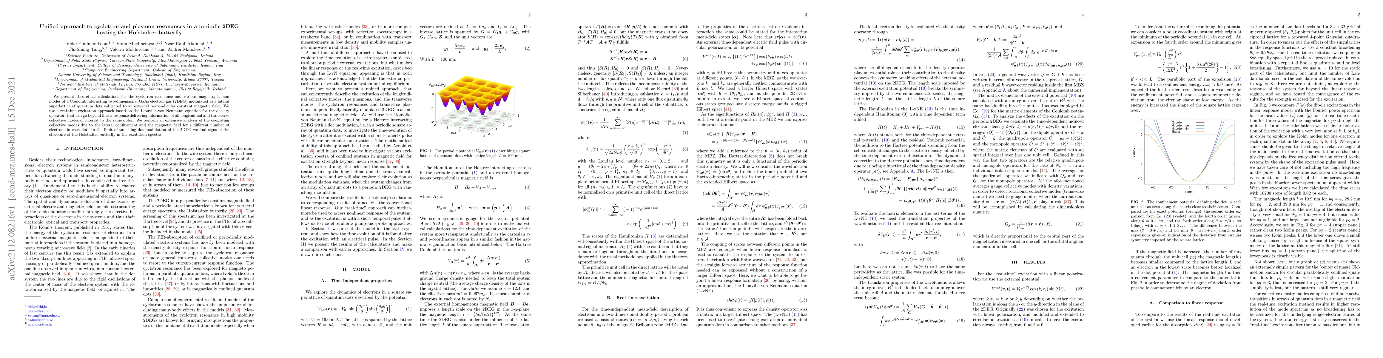 Thumbnail for Unified approach to cyclotron and plasmon resonances in a periodic 2DEG
  hosting the Hofstadter butterfly