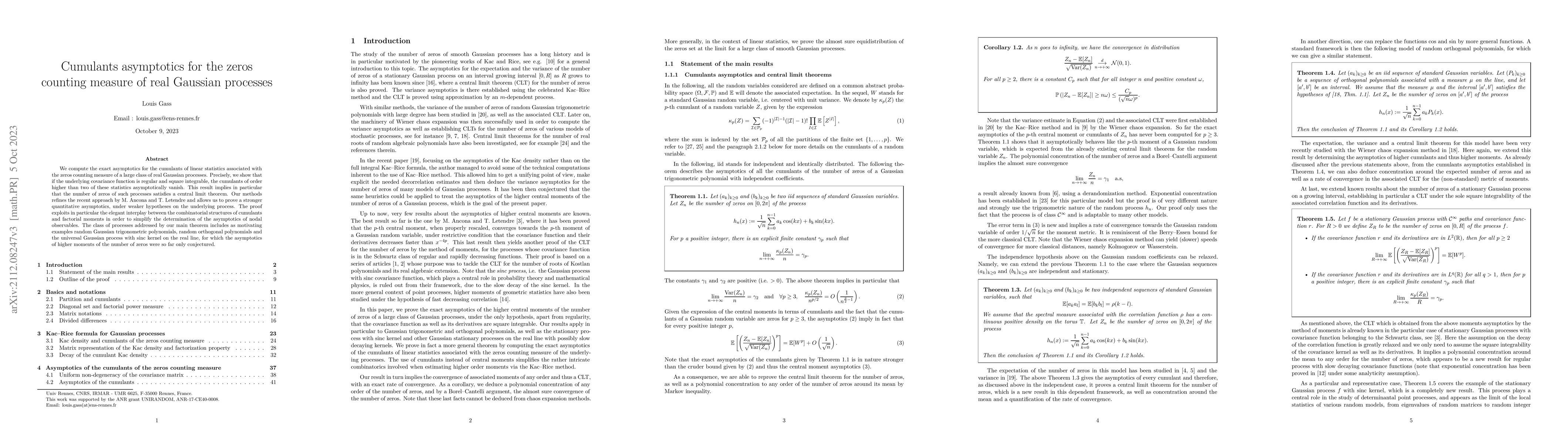 Thumbnail for Cumulants asymptotics for the zeros counting measure of real Gaussian
  processes
