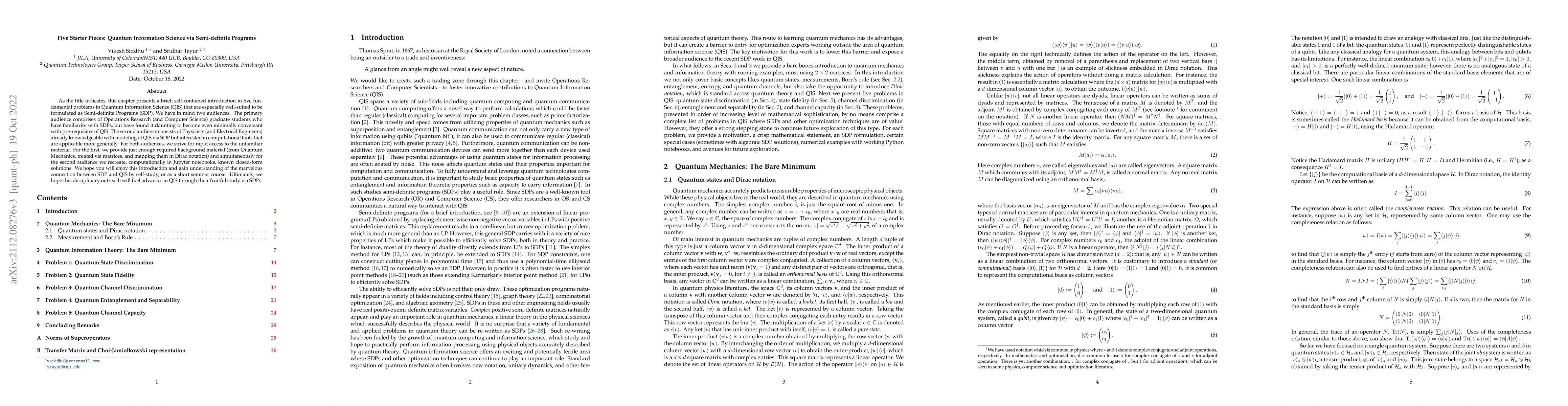 Thumbnail for Five Starter Pieces: Quantum Information Science via Semi-definite
  Programs