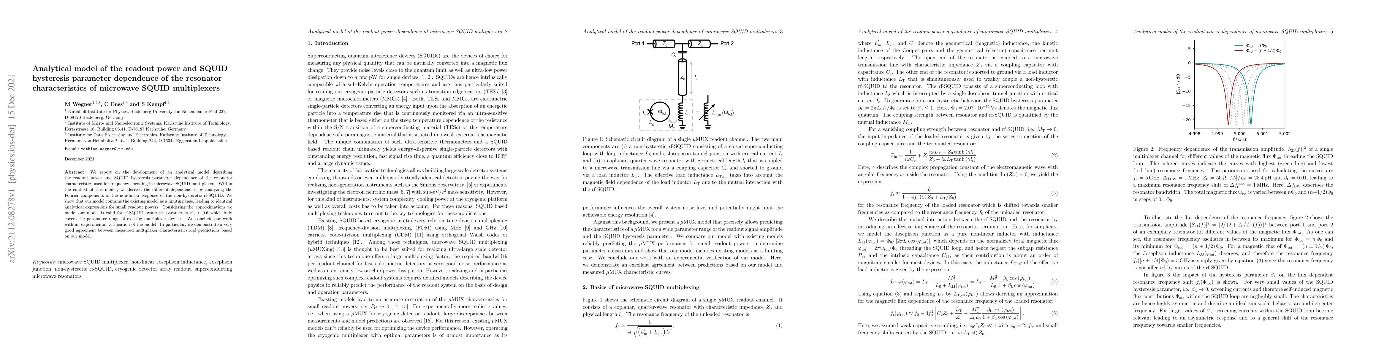 Thumbnail for Analytical model of the readout power and SQUID hysteresis parameter
  dependence of the resonator characteristics of microwave SQUID multiplexers