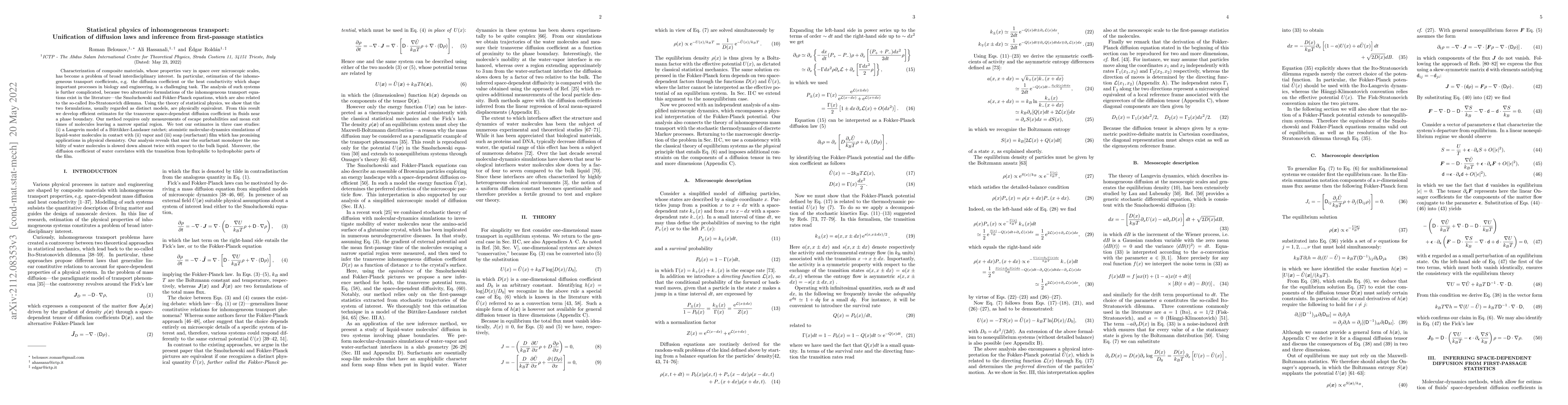 Thumbnail for Statistical physics of inhomogeneous transport: Unification of diffusion
  laws and inference from first-passage statistics