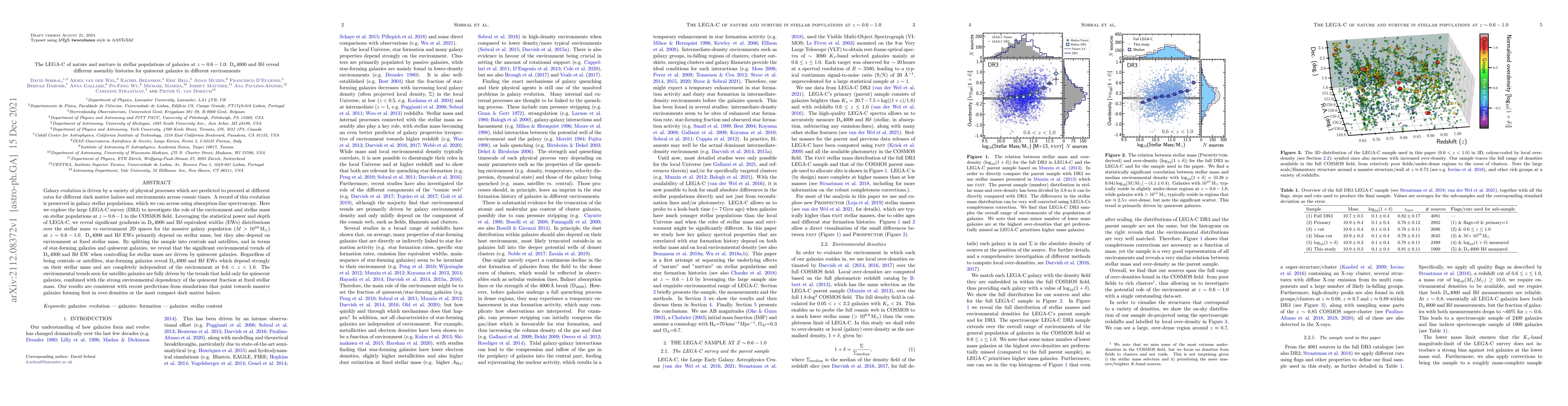 Thumbnail for The LEGA-C of nature and nurture in stellar populations of galaxies at
  z~0.6-1.0: D4000 and H-delta reveal different assembly histories for
  quiescent galaxies in different environments