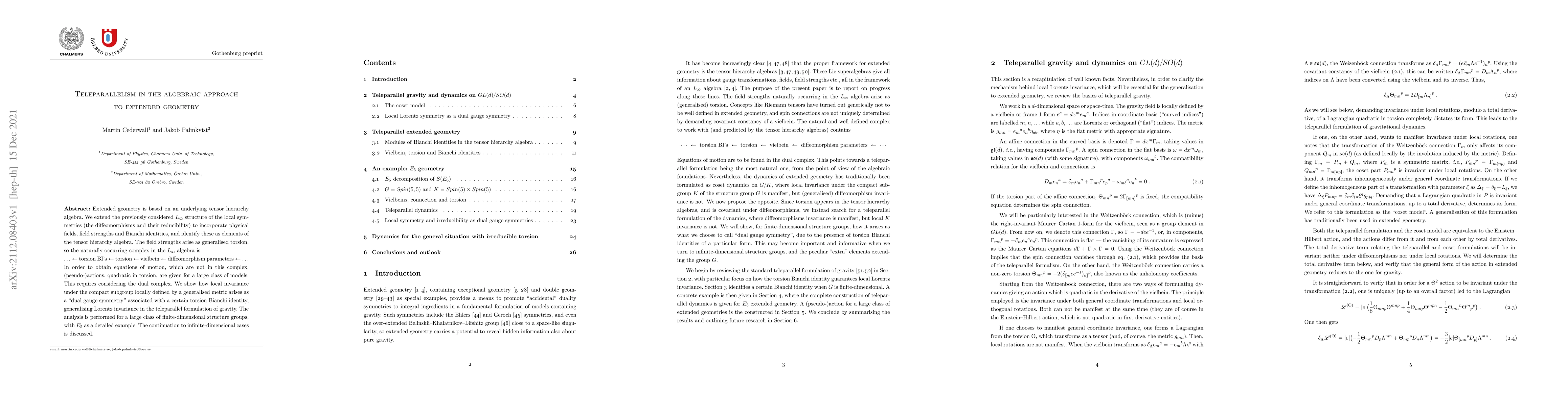Thumbnail for Teleparallelism in the algebraic approach to extended geometry