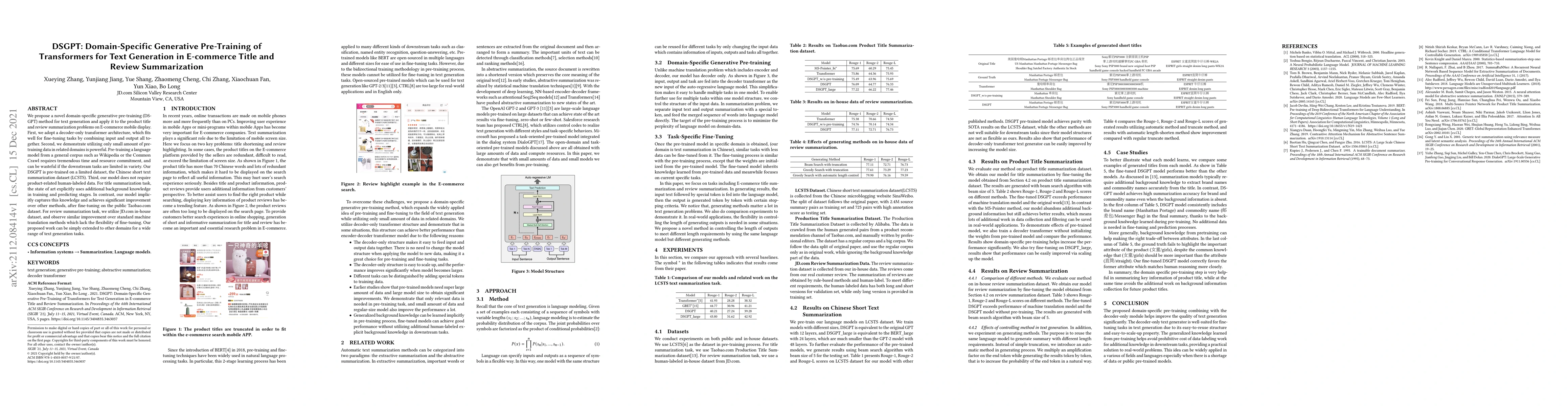 Thumbnail for DSGPT: Domain-Specific Generative Pre-Training of Transformers for Text
  Generation in E-commerce Title and Review Summarization