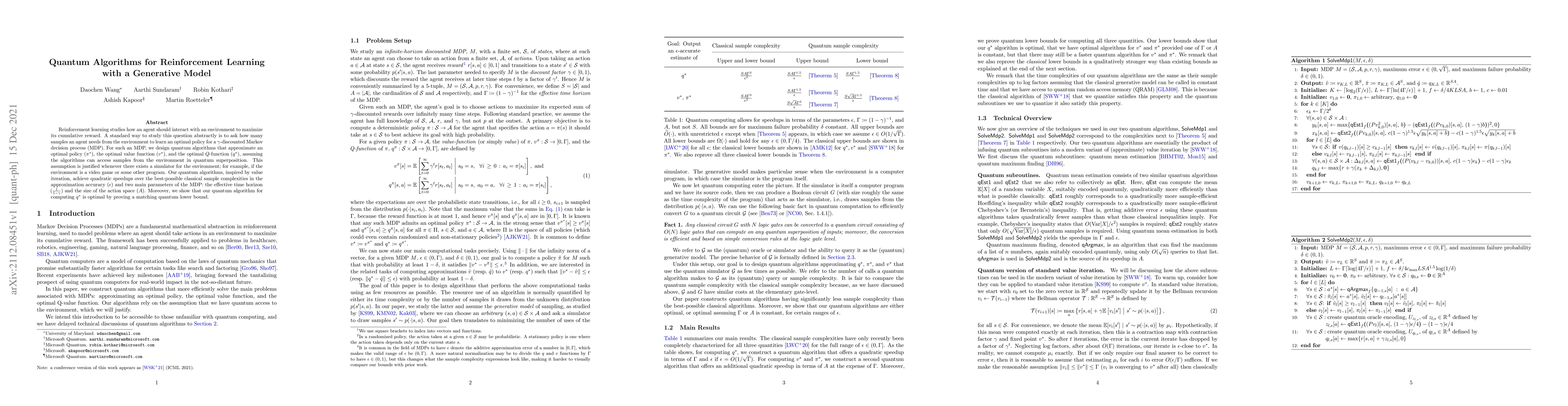 Thumbnail for Quantum Algorithms for Reinforcement Learning with a Generative Model