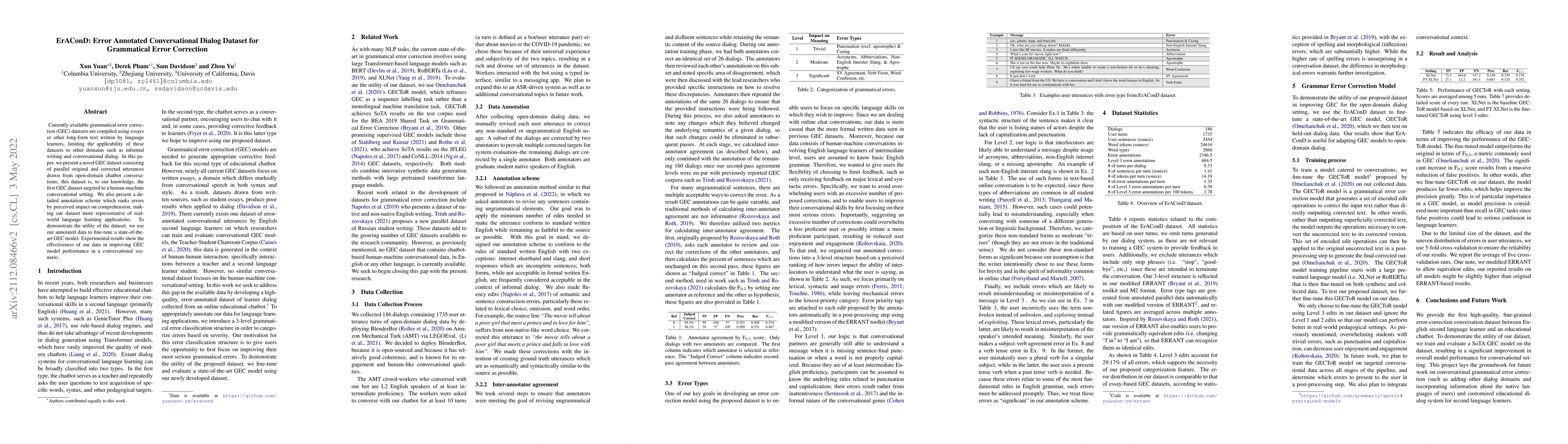 Thumbnail for ErAConD : Error Annotated Conversational Dialog Dataset for Grammatical
  Error Correction