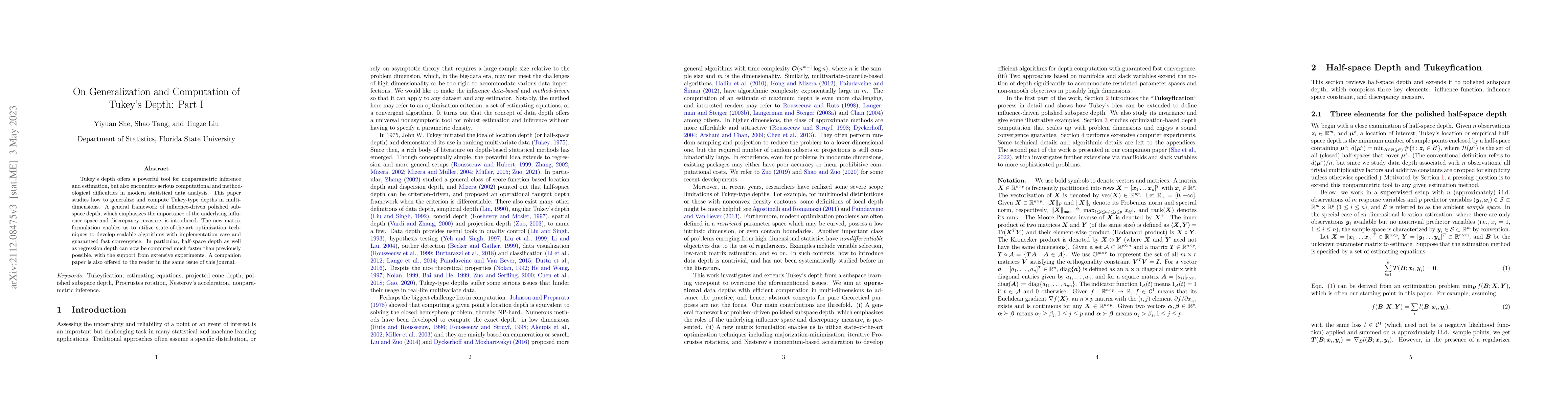 Thumbnail for On Generalization and Computation of Tukey's Depth: Part I