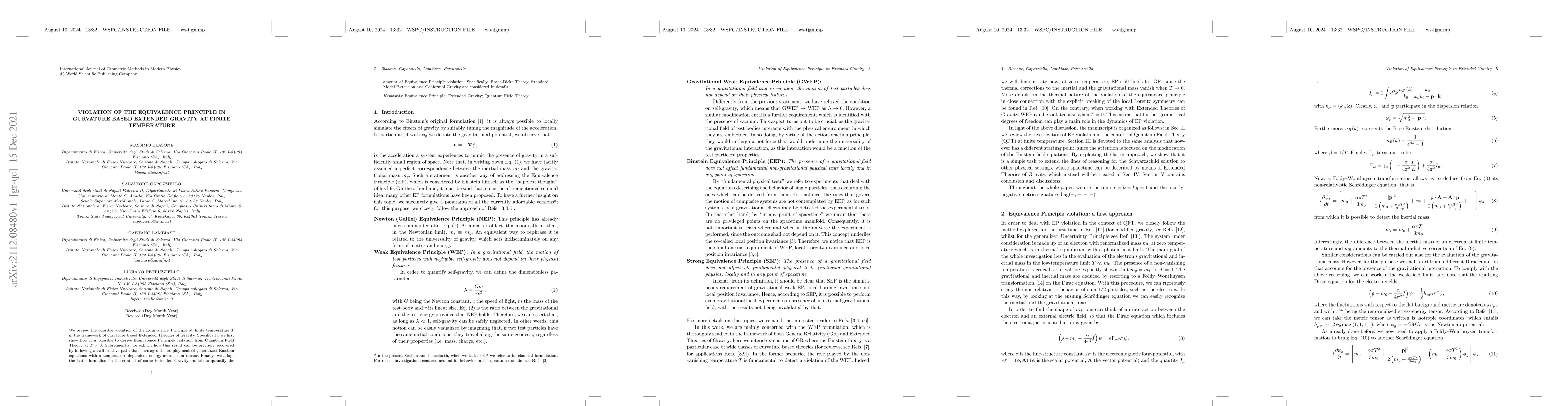 Thumbnail for Violation of the equivalence principle in curvature based extended
  gravity at finite temperature