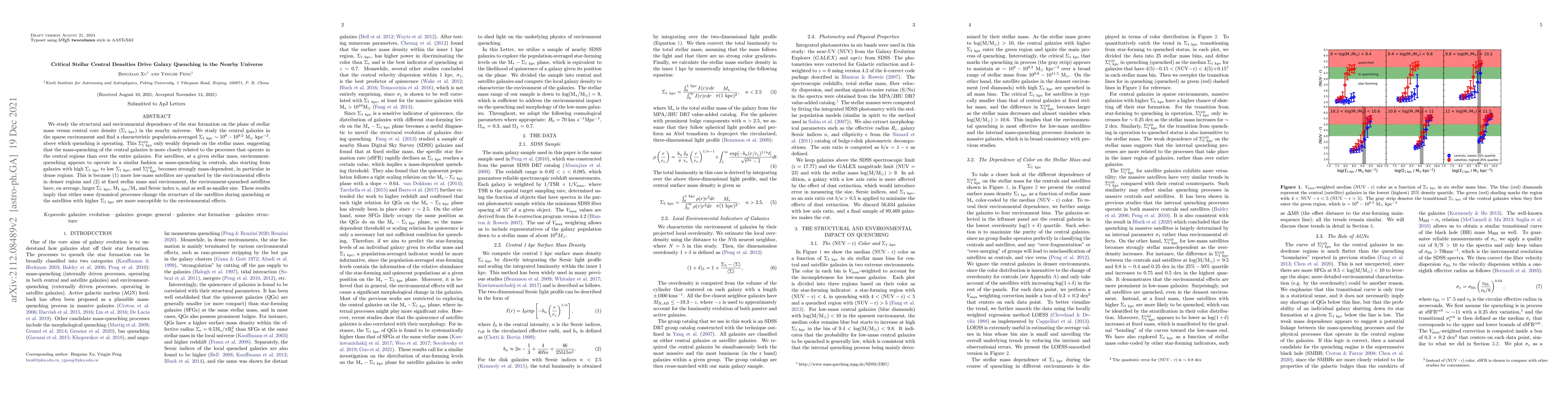 Thumbnail for Critical Stellar Central Densities Drive Galaxy Quenching in the Nearby
  Universe