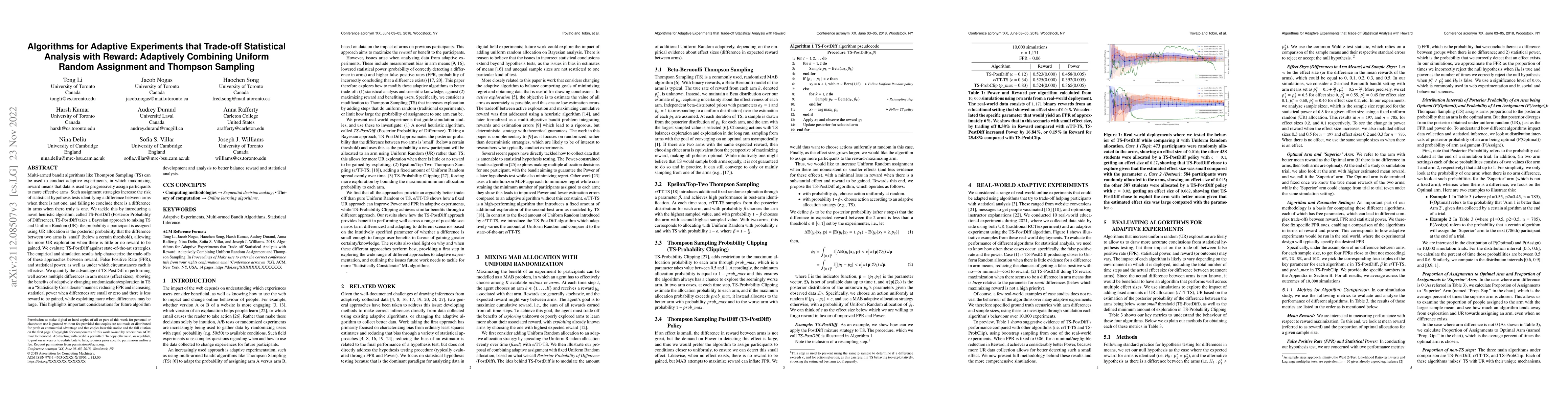 Thumbnail for Algorithms for Adaptive Experiments that Trade-off Statistical Analysis
  with Reward: Combining Uniform Random Assignment and Reward Maximization
