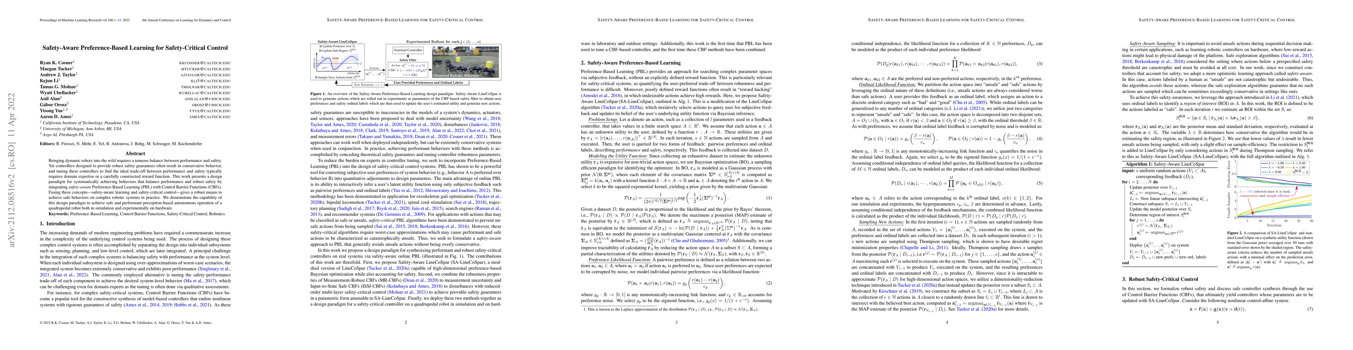 Thumbnail for Safety-Aware Preference-Based Learning for Safety-Critical Control