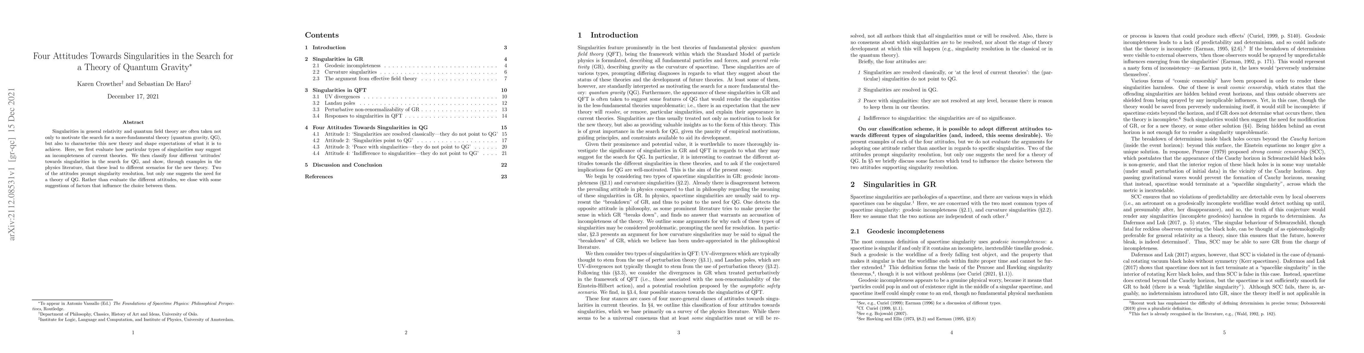 Thumbnail for Four Attitudes Towards Singularities in the Search for a Theory of
  Quantum Gravity