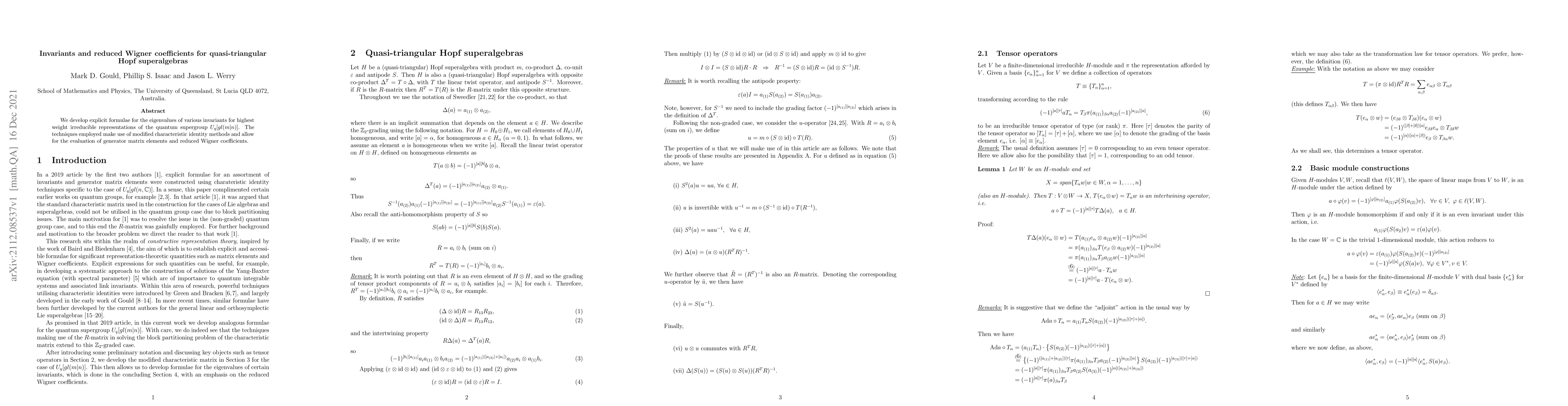 Thumbnail for Invariants and reduced Wigner coefficients for quasi-triangular Hopf
  superalgebras