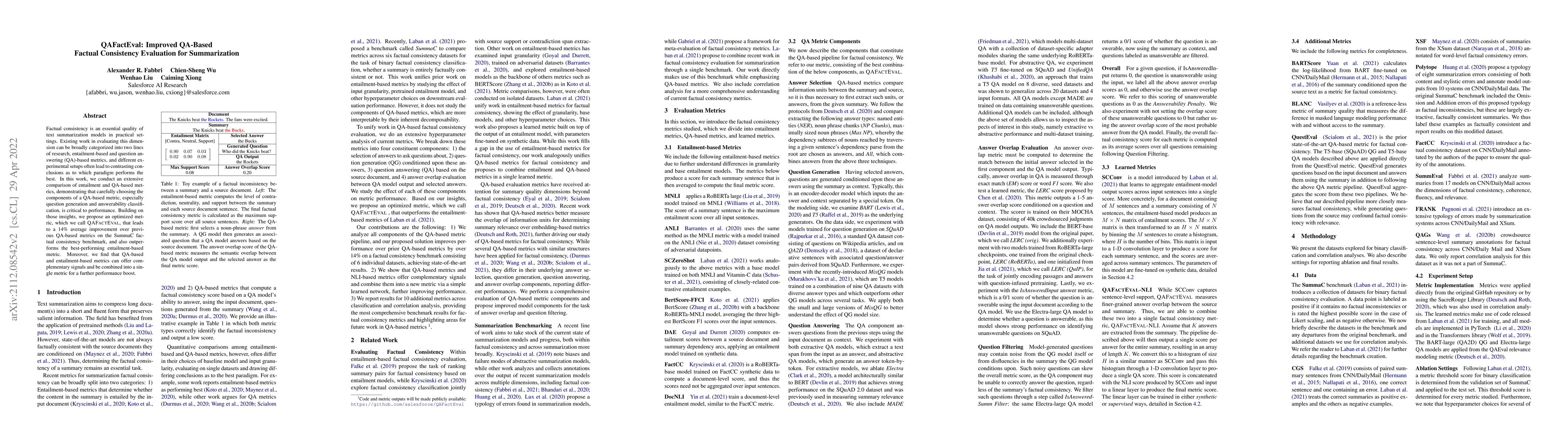 Thumbnail for QAFactEval: Improved QA-Based Factual Consistency Evaluation for
  Summarization