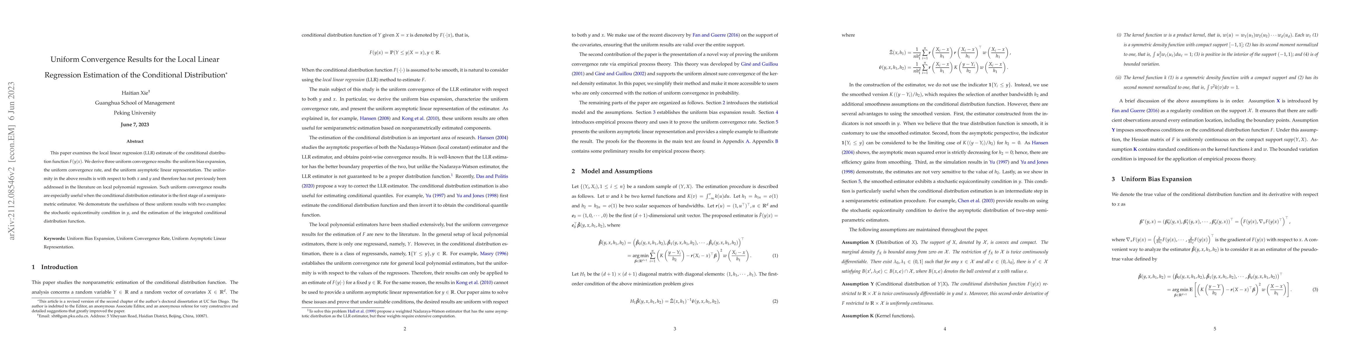 Thumbnail for Uniform Convergence Results for the Local Linear Regression Estimation
  of the Conditional Distribution