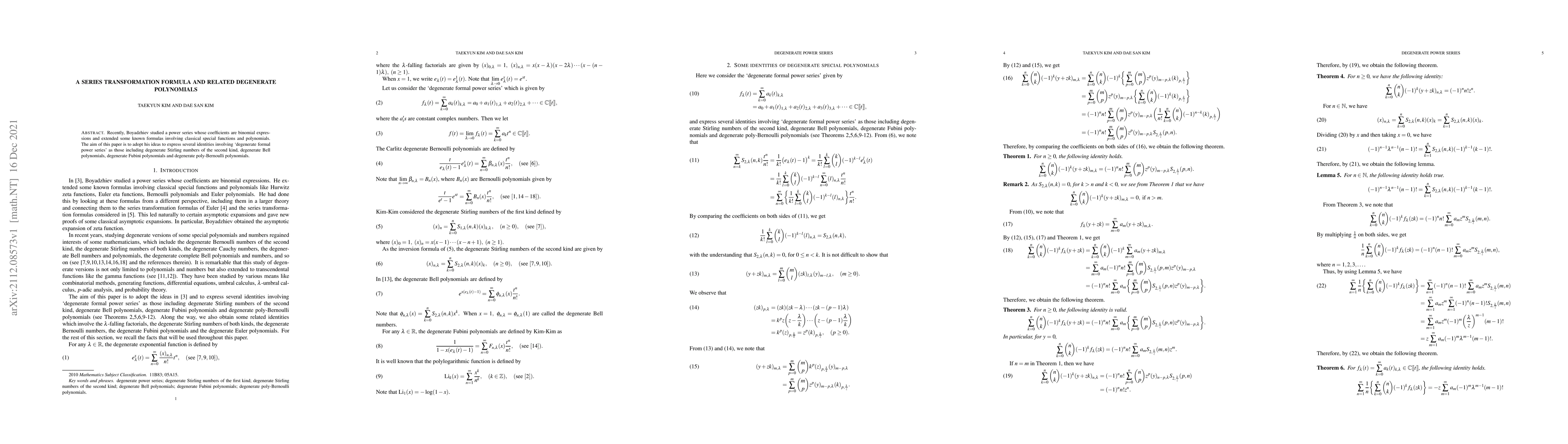 Thumbnail for A Series transformation formula and related degenerate polynomials