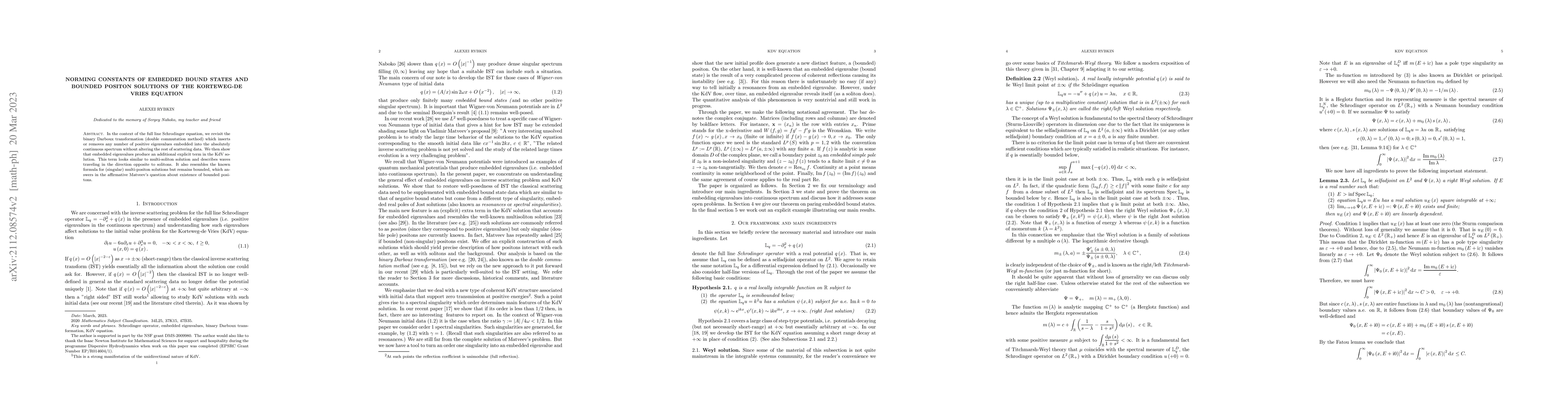 Thumbnail for Norming constants of embedded bound states and bounded positon solutions
  of the Korteweg-de Vries equation