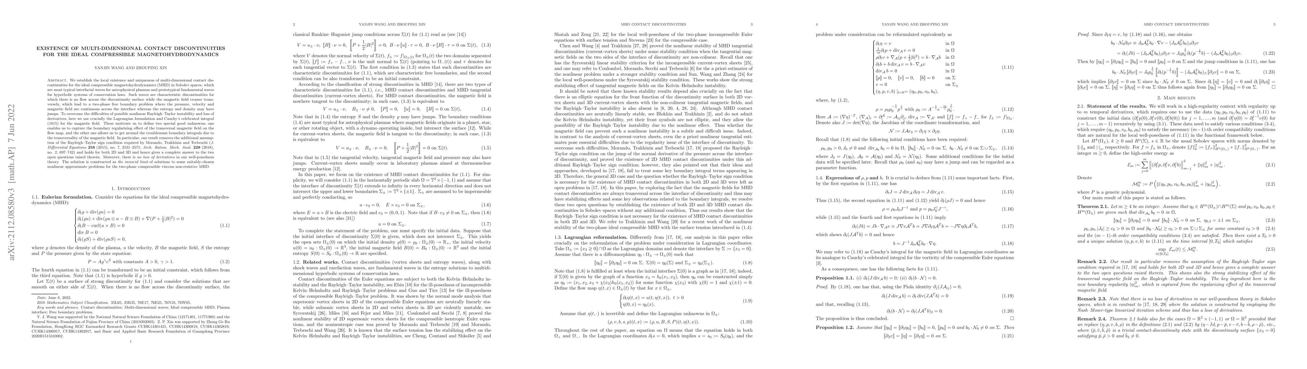 Thumbnail for Existence of Multi-dimensional Contact Discontinuities for the Ideal
  Compressible Magnetohydrodynamics
