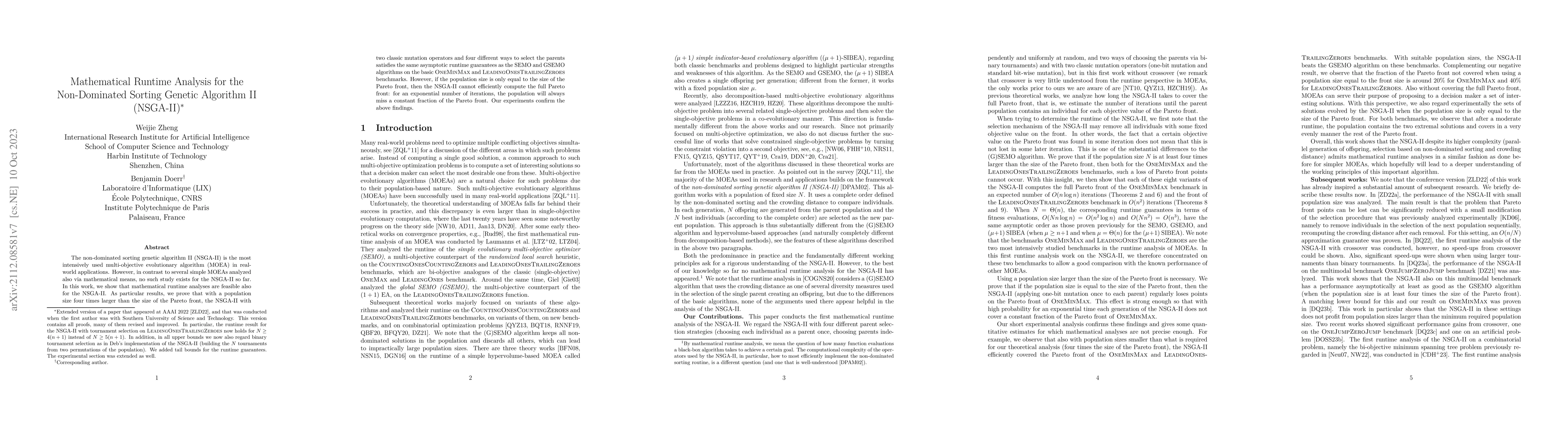 Thumbnail for Mathematical Runtime Analysis for the Non-Dominated Sorting Genetic
  Algorithm II (NSGA-II)