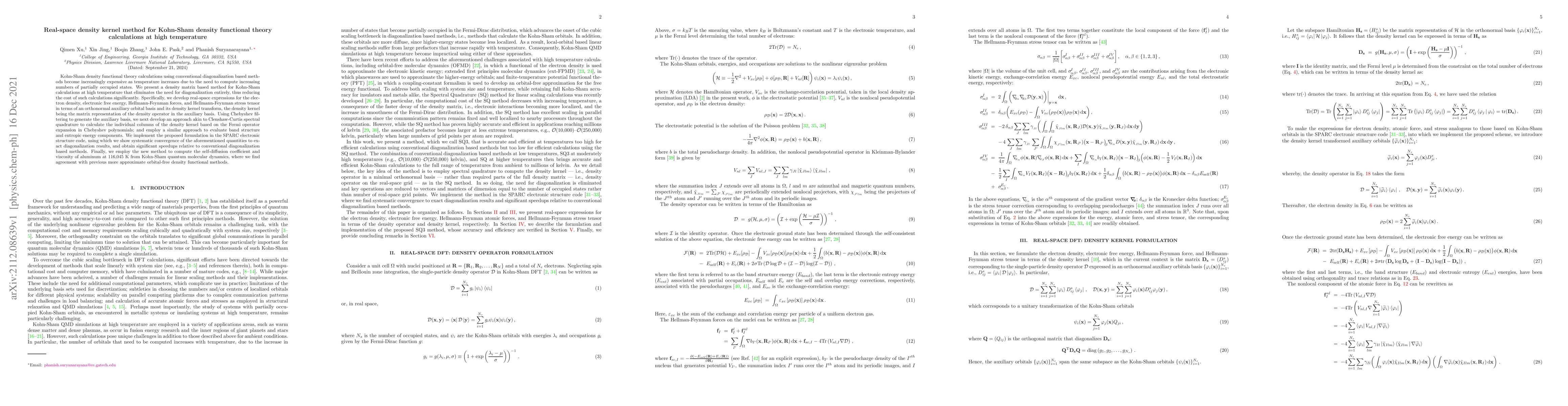 Thumbnail for Real-space density kernel method for Kohn-Sham density functional theory
  calculations at high temperature