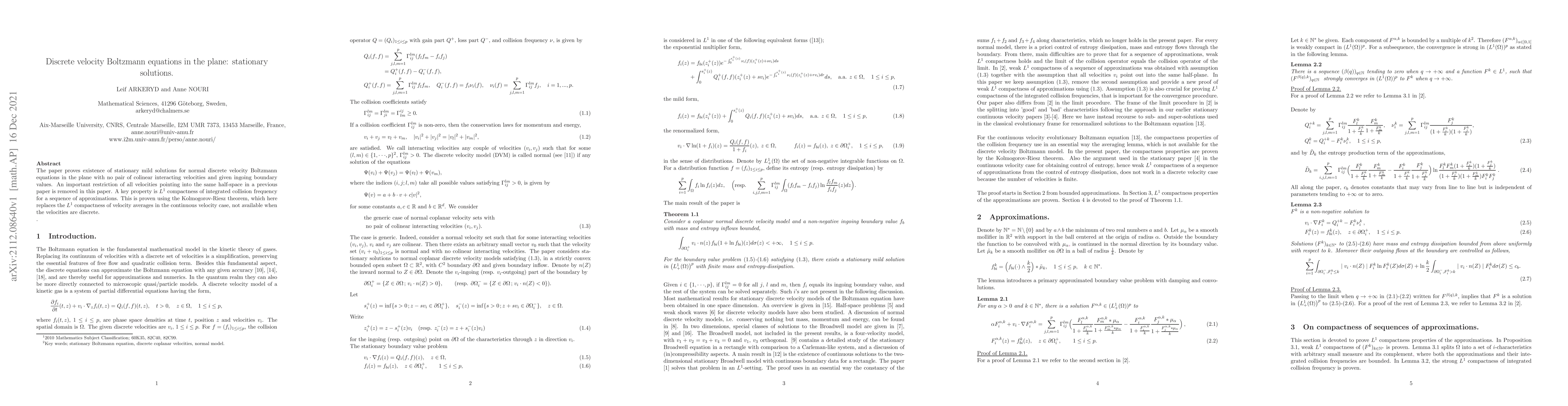 Thumbnail for Discrete velocity Boltzmann equation in the plane: stationary solutions