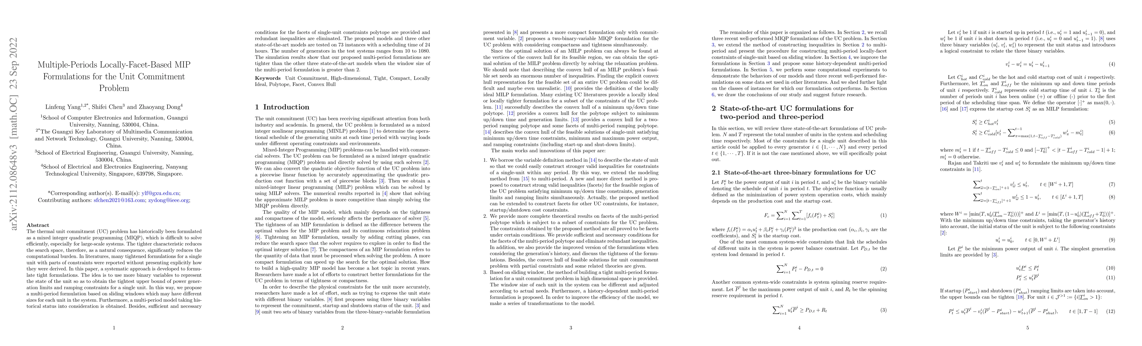 Thumbnail for Multiple-Periods Locally-Facet-Based MIP Formulations for the Unit
  Commitment Problem