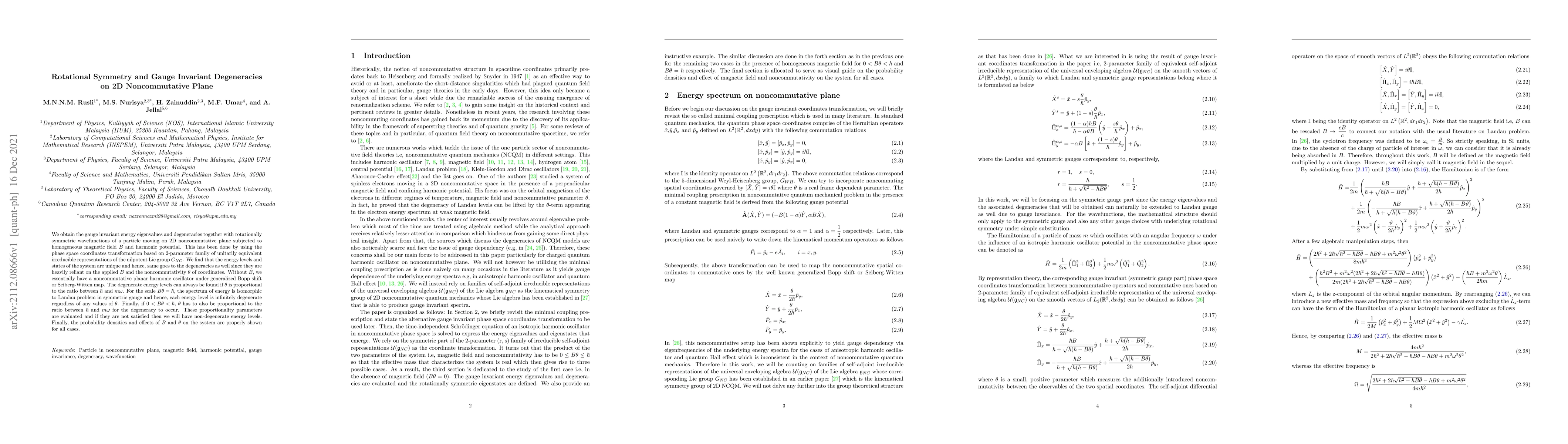 Thumbnail for Rotational Symmetry and Gauge Invariant Degeneracies on 2D
  Noncommutative Plane