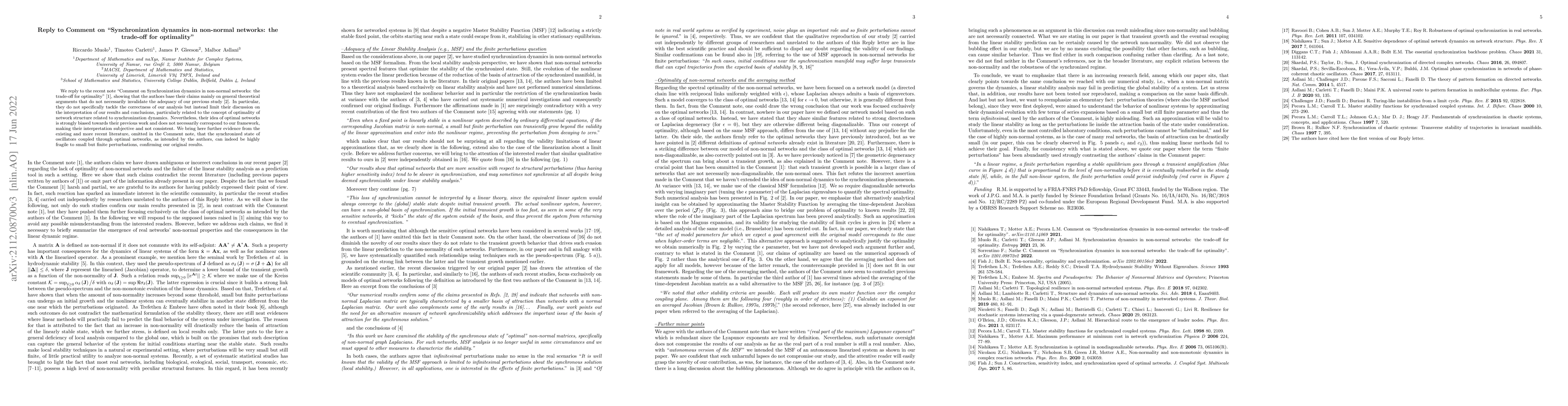 Thumbnail for Reply to Comment on "Synchronization dynamics in non-normal networks:
  the trade-off for optimality"