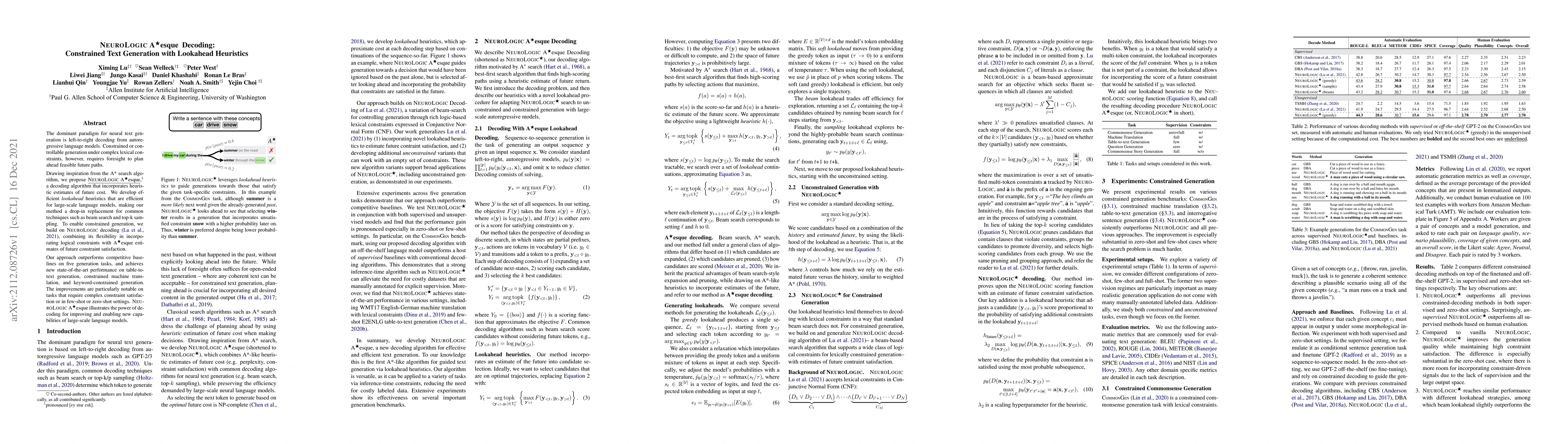 Thumbnail for NeuroLogic A*esque Decoding: Constrained Text Generation with Lookahead
  Heuristics
