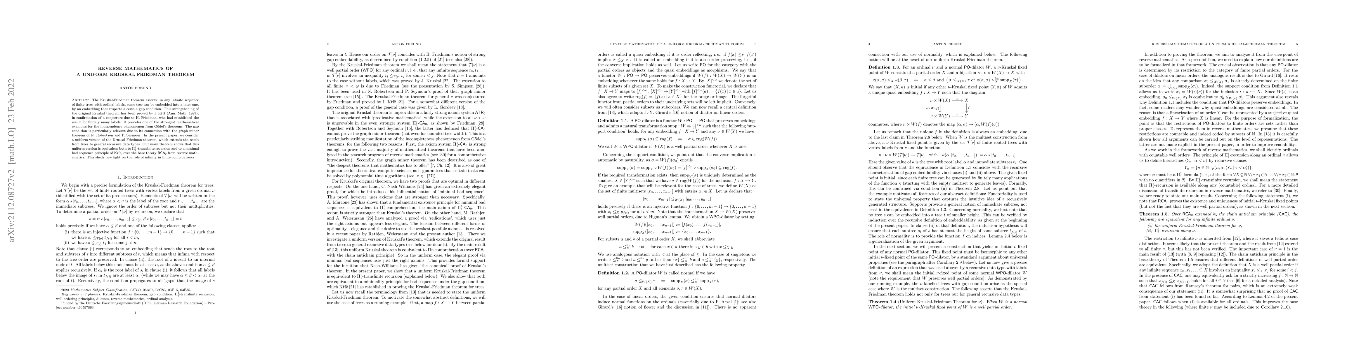 Thumbnail for Reverse mathematics of a uniform Kruskal-Friedman theorem