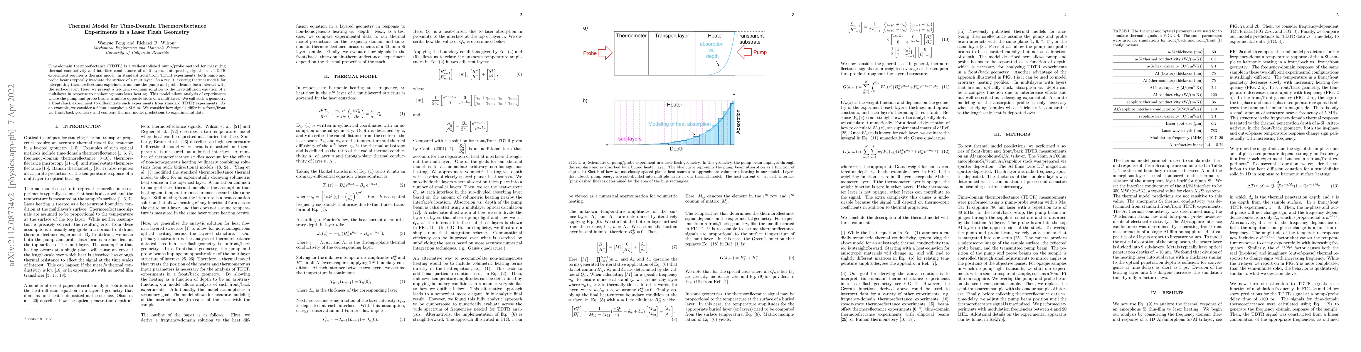 Thumbnail for Thermal Model for Time-Domain Thermoreflectance Experiments in a Laser
  Flash Geometry