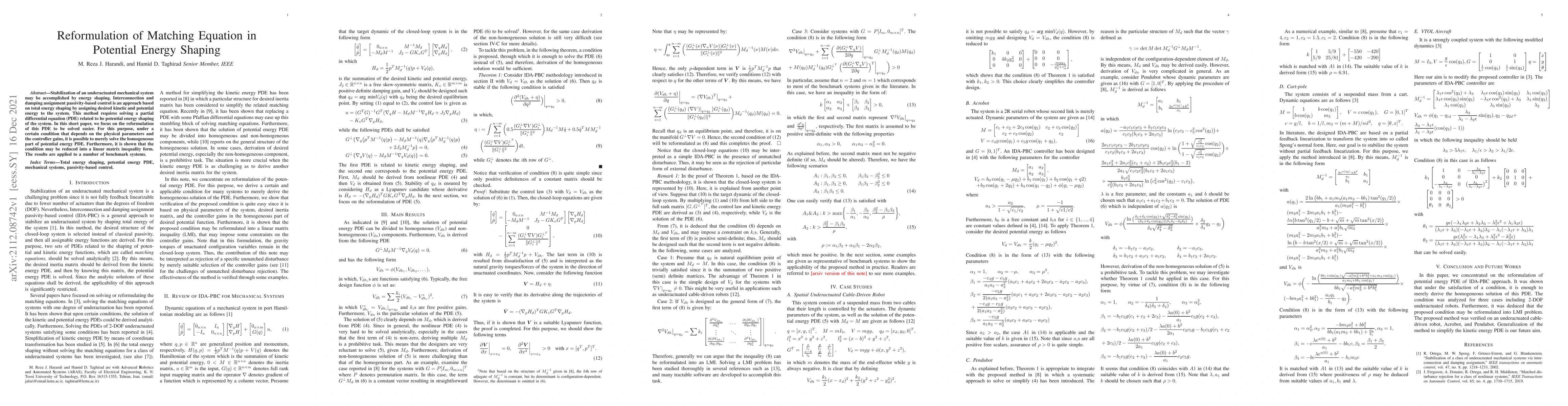 Thumbnail for Reformulation of Matching Equation in Potential Energy Shaping