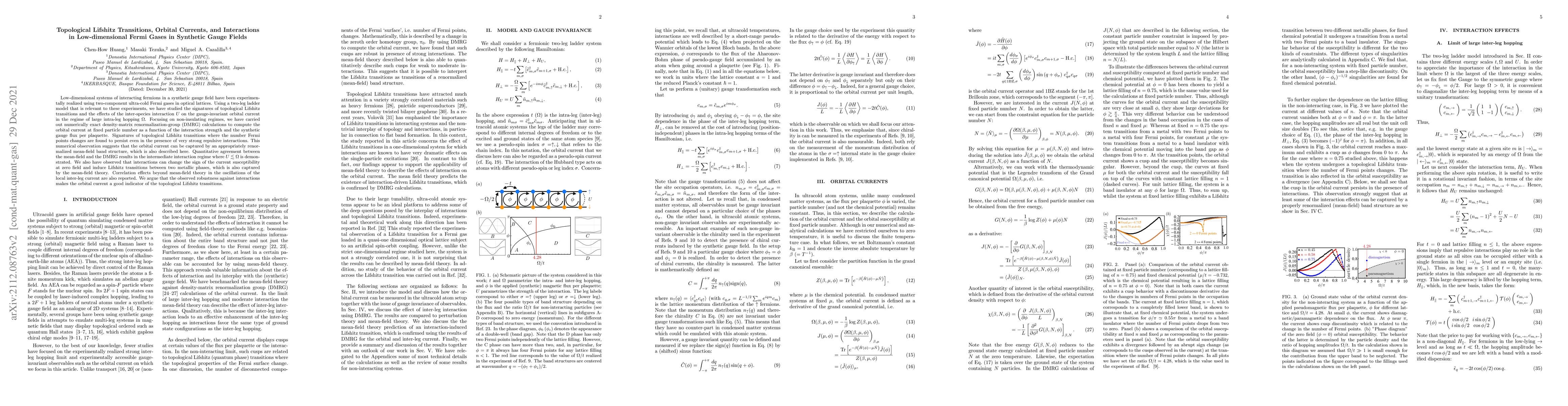Thumbnail for Topological Lifshitz Transitions, Orbital Currents, and Interactions in
  Low-dimensional Fermi Gases in Synthetic Gauge Fields