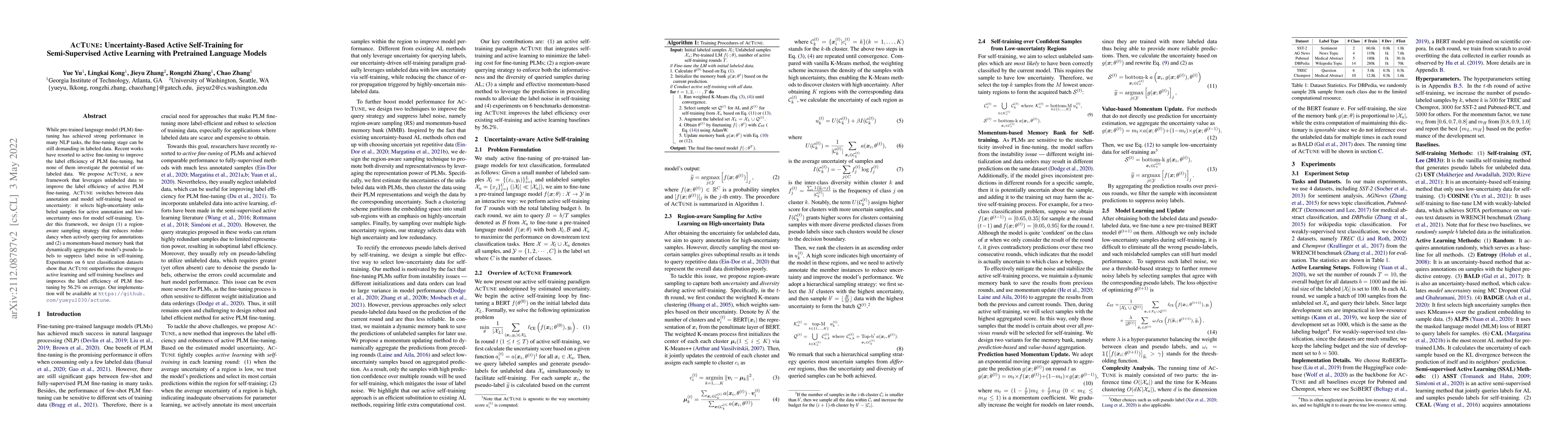 Thumbnail for AcTune: Uncertainty-aware Active Self-Training for Semi-Supervised
  Active Learning with Pretrained Language Models