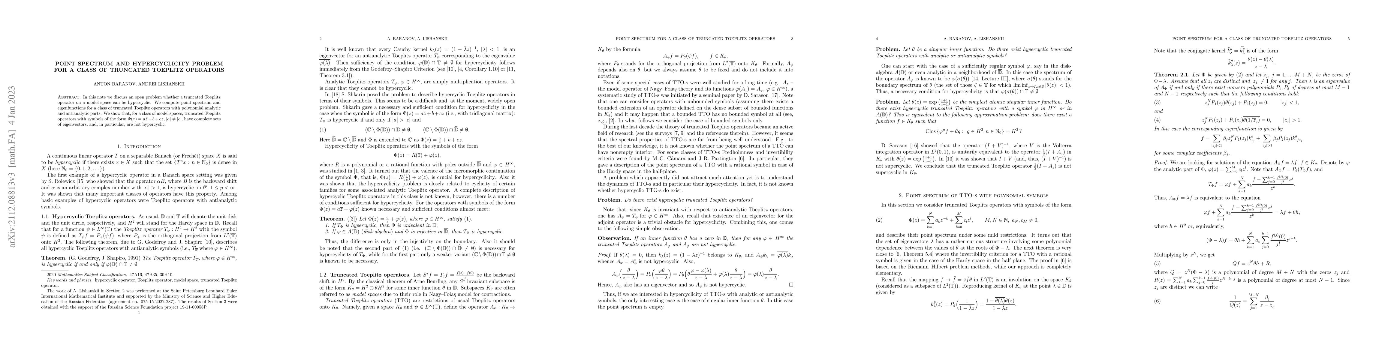 Thumbnail for Point spectrum and hypercyclicity problem for a class of truncated
  Toeplitz operators