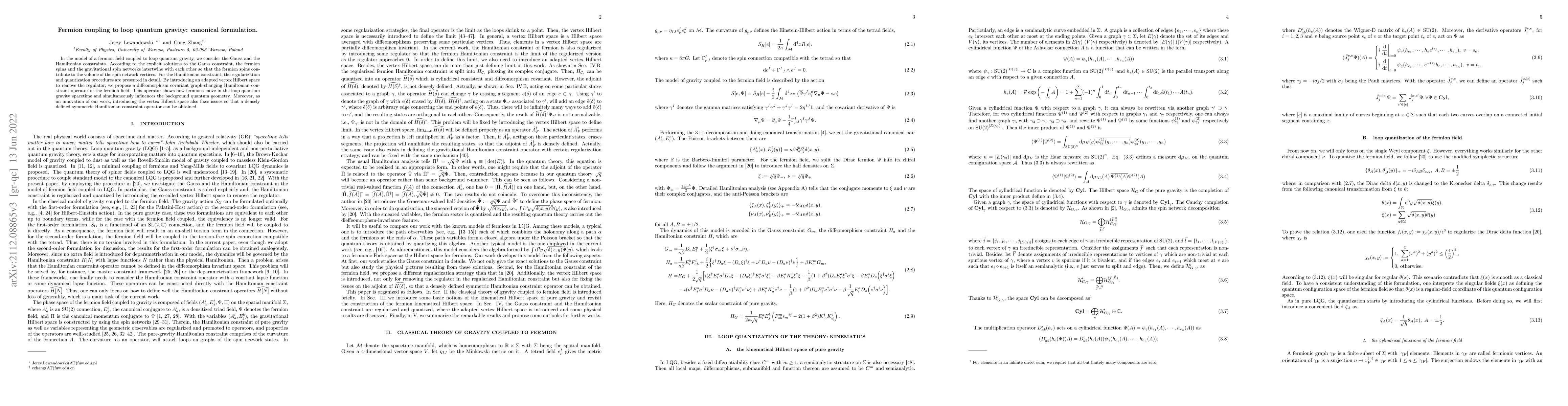 Thumbnail for Fermion coupling to loop quantum gravity: canonical formulation