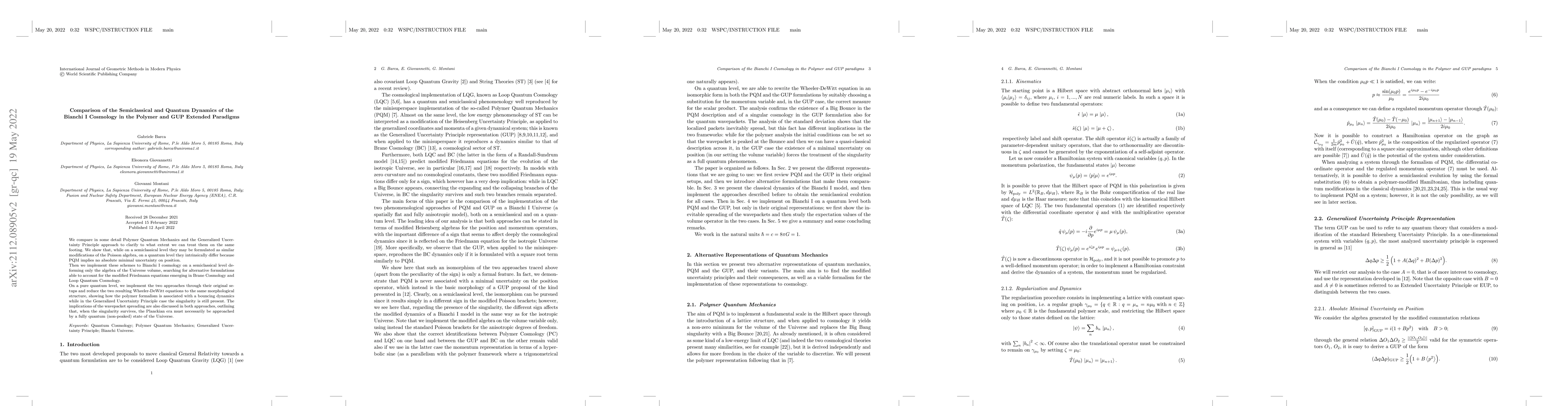 Thumbnail for Comparison of the Semiclassical and Quantum Dynamics of the Bianchi I
  Cosmology in the Polymer and GUP Extended Paradigms