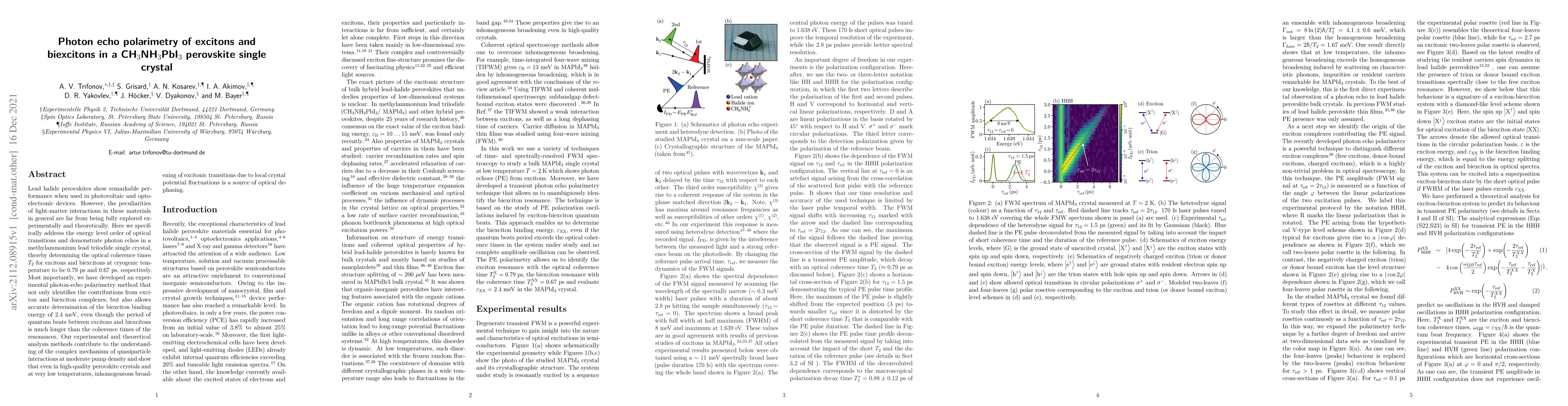 Thumbnail for Photon echo polarimetry of excitons and biexcitons in a
  CH$_3$NH$_3$PbI$_3$ perovskite single crystal