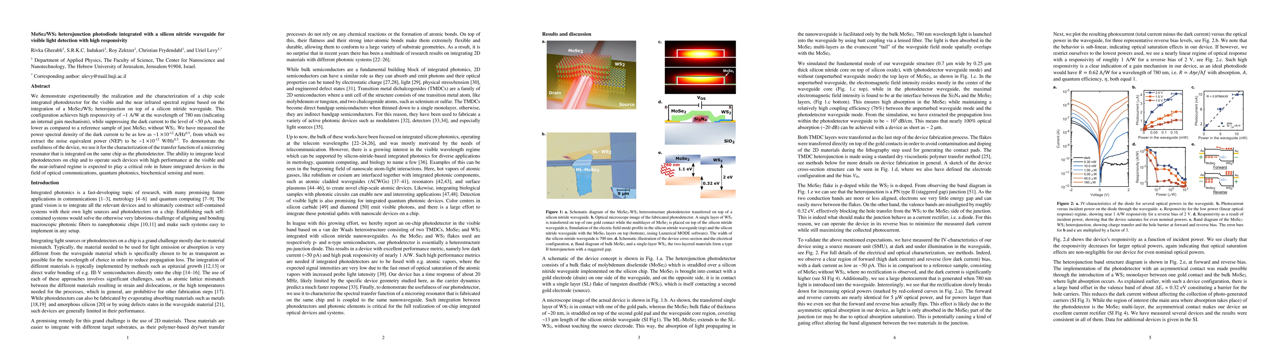 Thumbnail for MoSe2/WS2 heterojunction photodiode integrated with a silicon nitride
  waveguide for visible light detection with high responsivity