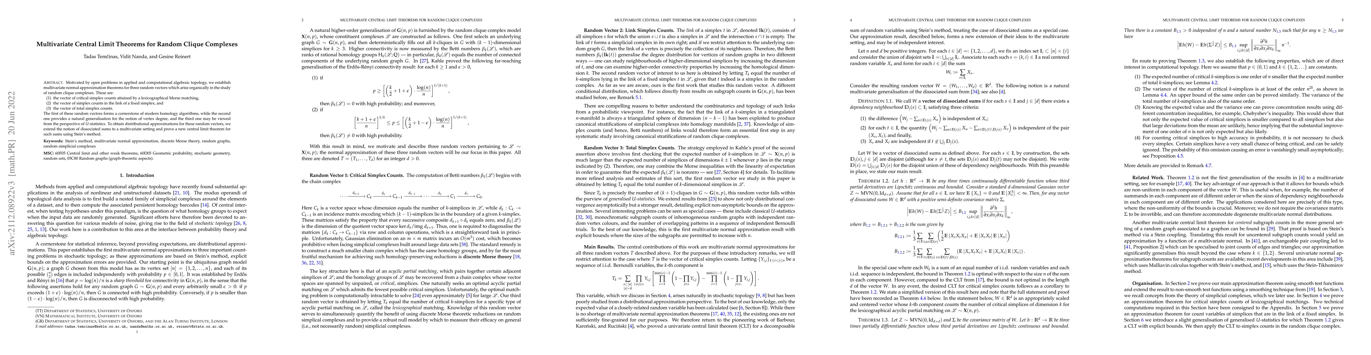 Thumbnail for Multivariate Central Limit Theorems for Random Clique Complexes