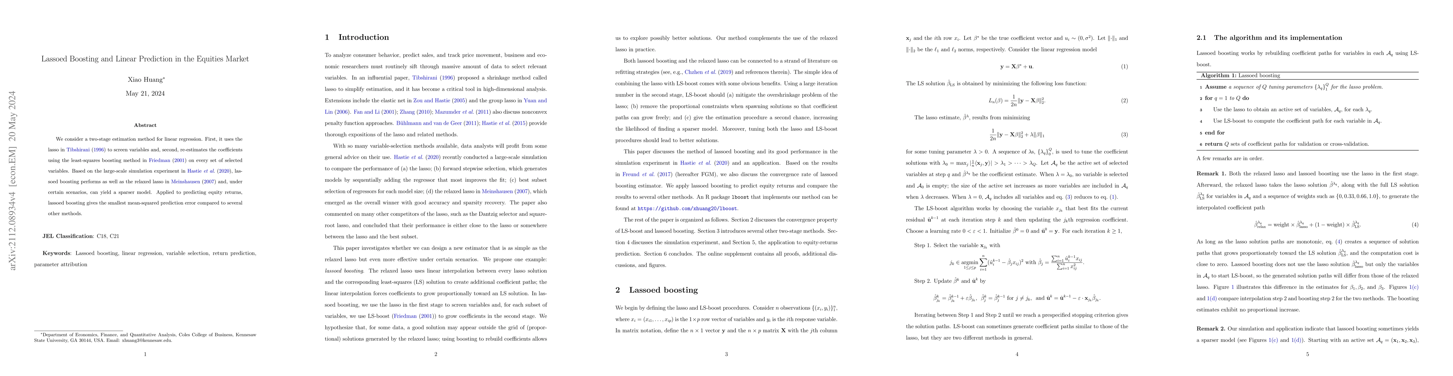 Thumbnail for Lassoed Boosting and Linear Prediction in the Equities Market