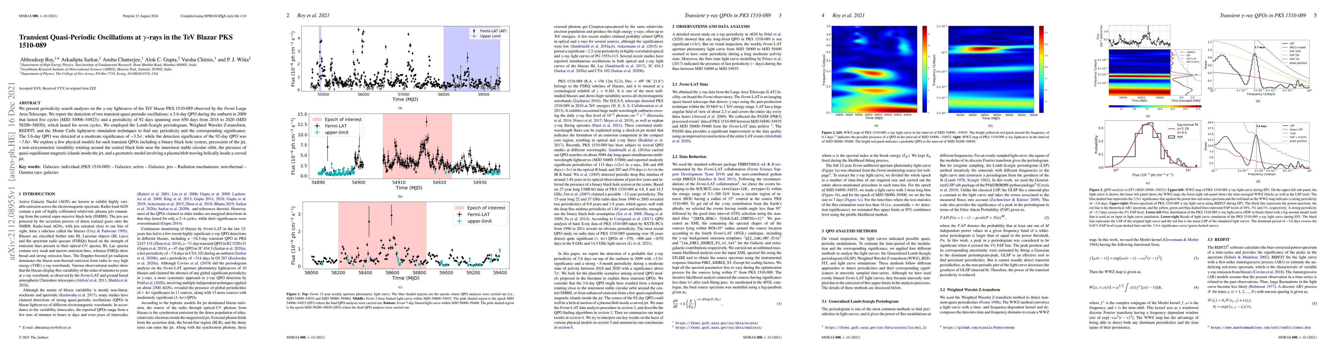 Thumbnail for Transient Quasi-Periodic Oscillations at $\gamma$-rays in the TeV Blazar
  PKS 1510-089
