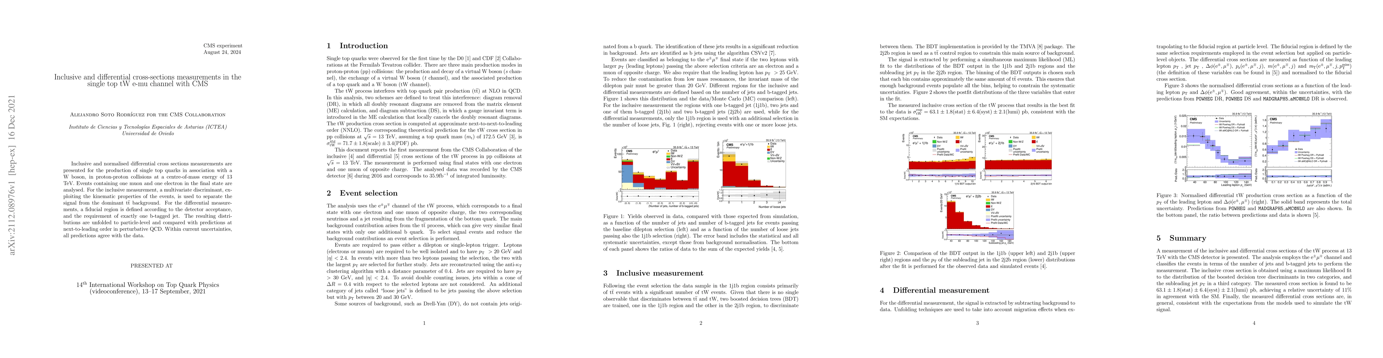 Thumbnail for Inclusive and differential cross-sections measurements in the single top
  tW e-mu channel with CMS