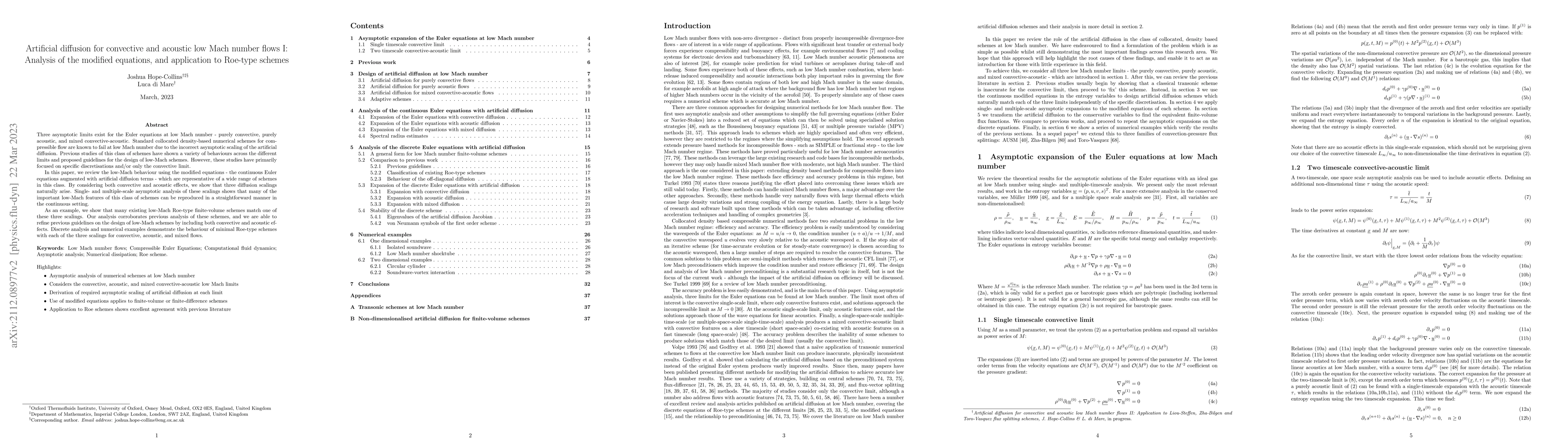 Thumbnail for Artificial diffusion for convective and acoustic low Mach number flows
  I: Analysis of the modified equations, and application to Roe-type schemes
